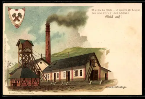 Lithographie Schachtanlage von einem Kohlewerk mit Wappen