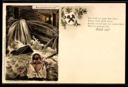 Lithographie Wassereinbruch setzt den Schacht unter Wasser
