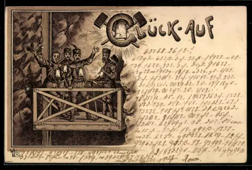 Lithographie Bergbau-Arbeiter mit Laternen in einem Aufzug