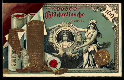 AK Reichsbanknote 100 Mark, Münzrollen mit 500 Mark