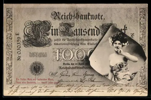 AK Reichsbanknote 1000 Mark mit Portrait einer hübschen Dame