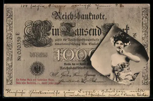 AK Reichsbanknote 1000 Mark mit Portrait einer hübschen Dame