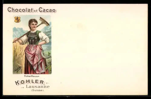 Lithographie Lausanne, Reklame Chocolat et Cacao Kohler, Schweizerin in Tracht aus Schaffouse