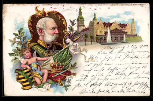 Lithographie König Albert von Sachsen, Engel mit Wappen und Krone