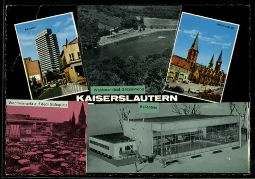 Handgemachte-Collage-AK Kaiserslautern, Rathaus, Wochenmarkt, Hallenbad u. Kirche mit eigenen Beschriftungen