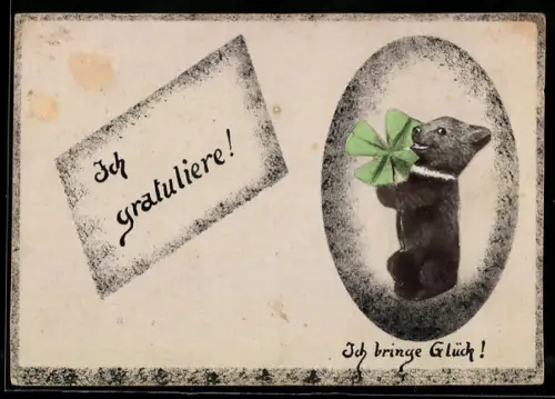 Handgemachte-Collage-AK Kleiner Bär mit Kleeblatt, Ich gratuliere!