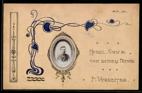 Handgemachte-Collage-AK Bildnis eines Mannes in einem Rahmen, Jugendstil-Ornamentik