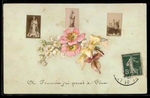 Handgemachte-Collage-AK Heiligenbildchen und Kathedrale mit Blumenschmuck