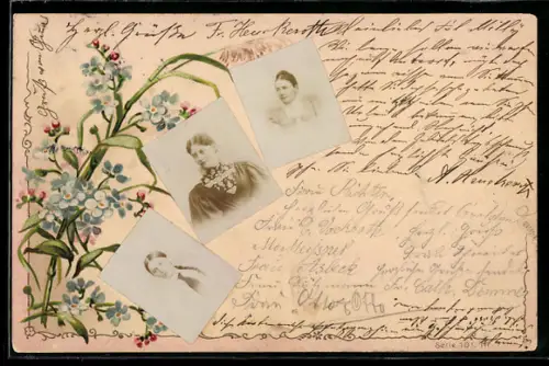 Handgemachte-Collage-AK Frauenporträts und Frühlingsblumen