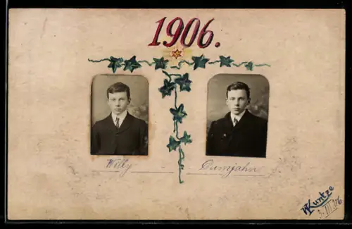 Handgemachte-Collage-AK Porträts zweier Männer 1906, Willy und Dumjahn