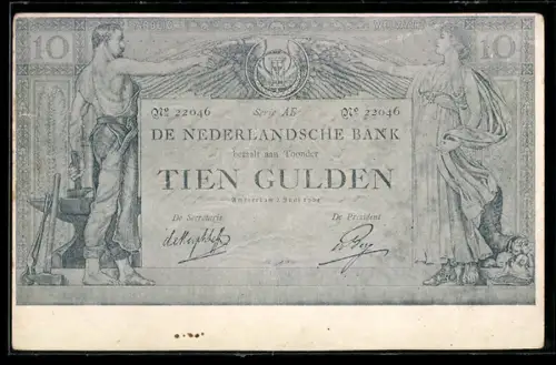 AK Banknote über Tien Gulden, De Nederlandsche Bank, Geld
