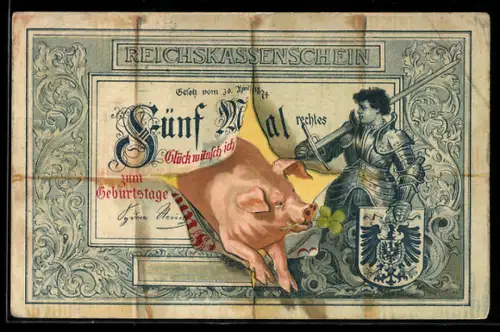 AK Schwein springt durch einen 5 Mark Reichskassenschein