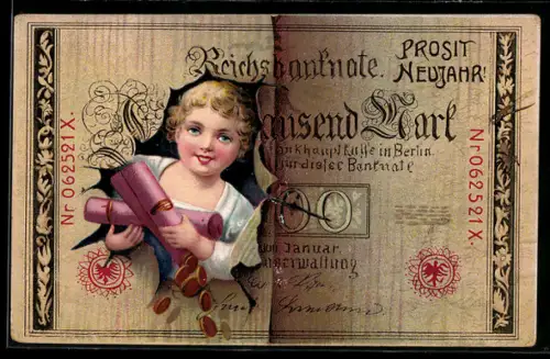 AK Mädchen mit Geldmünzen schaut durch Reichsbanknote Ein Tausend Mark