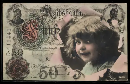 AK Mädchenportrait in fünfzig Reichsmarkschein