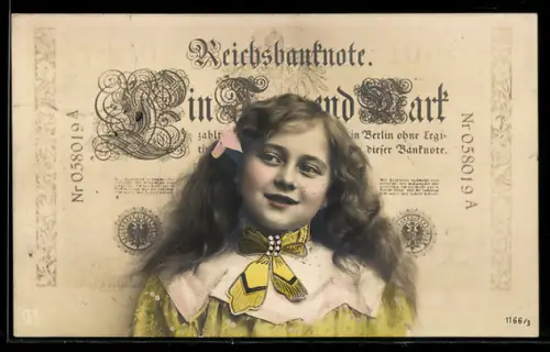 AK Mädchen vor Geldschein über eintausend Mark