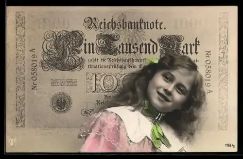AK Kleines Mädchen mit einer 1000 Mark Reichsbanknote