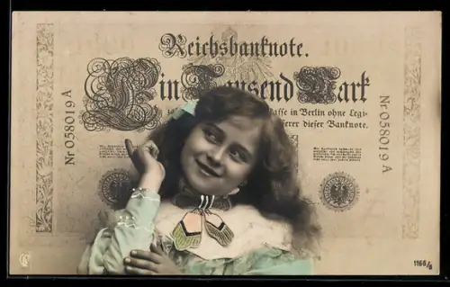 AK Lächelndes Mädchen vor einem 1000 Mark Schein