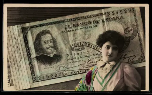 AK Geldschein über 25 Pesetas, El Banco de Espana, Junge Frau posiert vor der Banknote