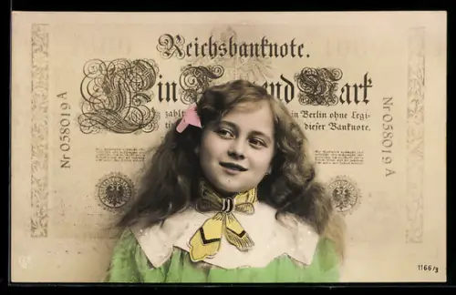 AK Mädchen vor Geldschein über eintausend Mark