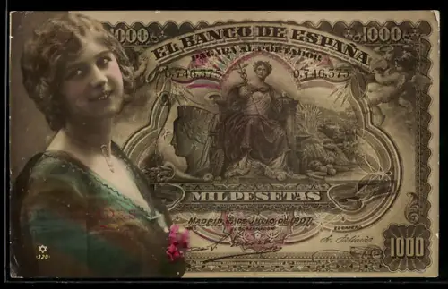 AK Spanischer Geldschein, 1000 Pesetas, Porträt einer lächelnden Dame
