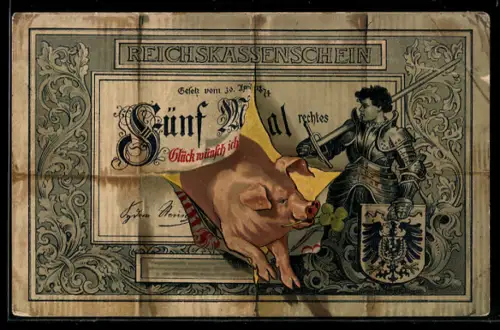 AK Schwein durchbricht Reichskassenschein 5 Mark, Ritter mit Wappen
