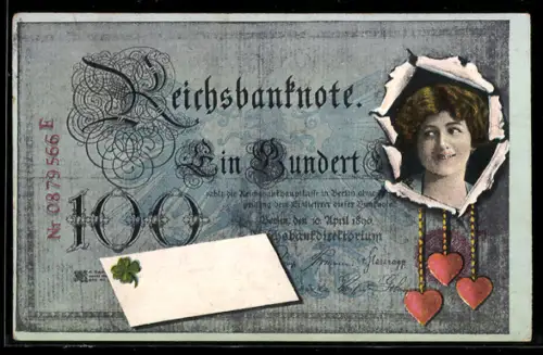 AK Reichsbanknote über 100 Mark, Frau blickt aus dem aufgerissenen Geldschein