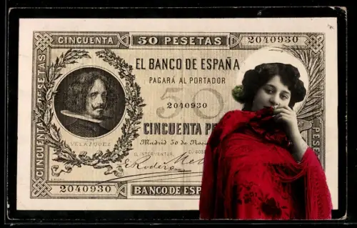 AK Geldschein über 50 Pesetas, El Banco de Espana, Frau versteckt sich hinter ihrer roten Stola
