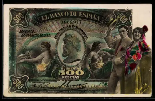 AK Geldschein 500 Pesetas, El Banco de Espana, Freundlich grüssendes Paar
