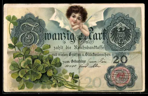 AK Reichsbanknote über 20 Mark, Kleeblätter und kleines Kind