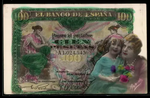 AK Banknote über 100 Pesetas, El Banco de Espana, Mutter und Tochter in vertrauter Umarmung