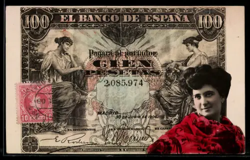 AK Frau vor Geldschein, 100 Pesetas, El Banco de Espana