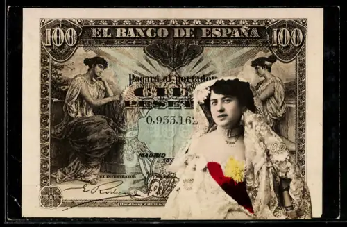 AK Spanischer Geldschein, 100 Pesetas, Elegante Dame mit Schleier