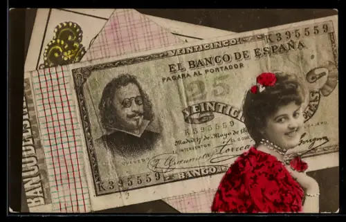 AK Geldschein über 25 Pesetas, El Banco de Espana, Lächelnde Frau mit roten Blumen im Haar
