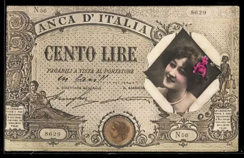 AK Geldschein über 100 Lire, Banca d`Italia, Frauenporträt mit Blumen im Haar