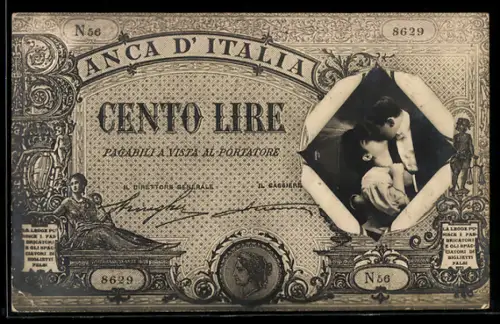 AK Geldschein über 100 Lire, Banca d`Italia, Elegantes Paar küsst sich