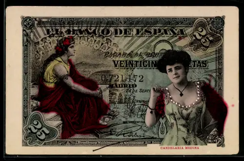 AK Geldschein über 25 Pesetas, El Banco de Espana, Dame mit roter Stola