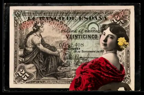 AK Spanischer Geldschein, 25 Pesetas, Elegante Dame mit Blume im Haar