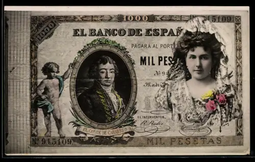 AK Geldschein über 1000 Pesetas, El Banco de Espana, Frau mit Schleier