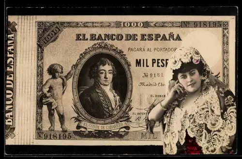 AK Geldschein über 1000 Pesetas, El Banco de Espana, Frau in Tracht