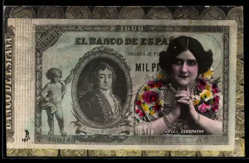 AK Banknote über 1000 Pesetas, El Banco de Espana, Frauenbildnis Della Cleopatra, Geldschein