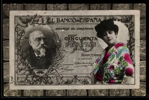 AK Geldschein über 50 Pesetas, El Banco de Espana, Frauenbildnis La Negrita, Banknote und Münzen