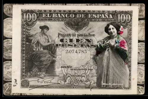 AK Geldschein über 100 Pesetas, El Banco de Espana, Frauenbildnis Bella Chelito