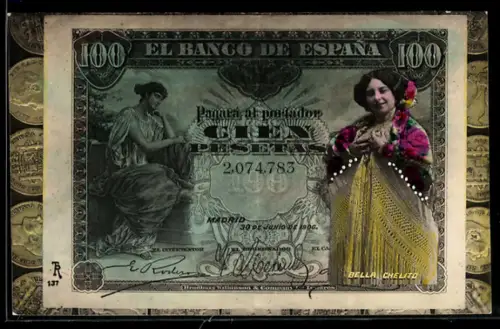 AK Banco de Espana 100 Pesetas, El Interventor, Bella Chelito, Münzen