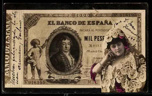 AK Geldschein über 1000 Pesetas, El Banco de Espana, Frau in landestypischer Tracht