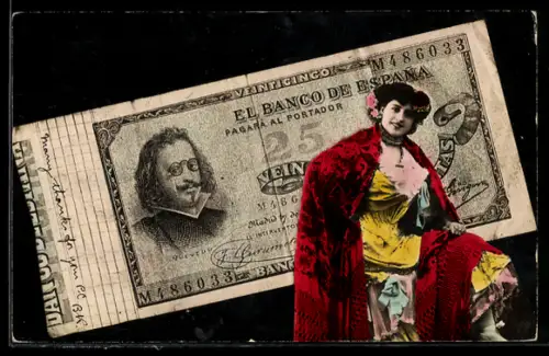 AK Madrid, Geldschein und Frauenportrait