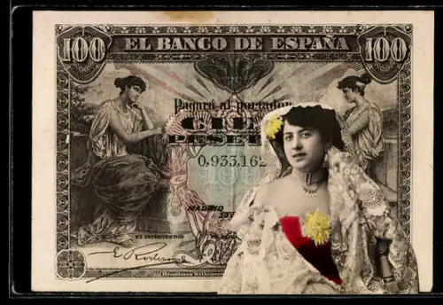 AK Geldschein über 100 Pesetas, El Banco de Espana, Frauenbildnis mit Schleier