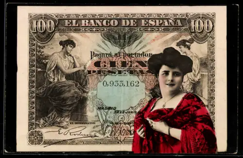 AK Madrid, Geldschein und elegante Dame