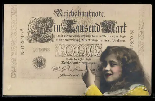AK Mädchen zeigt auf Geldschein über eintausend Mark