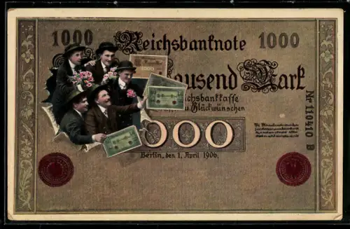 AK Reichsbanknote über 1000 Mark, Männer halten Geldscheine in die Höhe