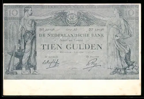 AK Geldschein über Tien Gulden, De Nederlandsche Bank